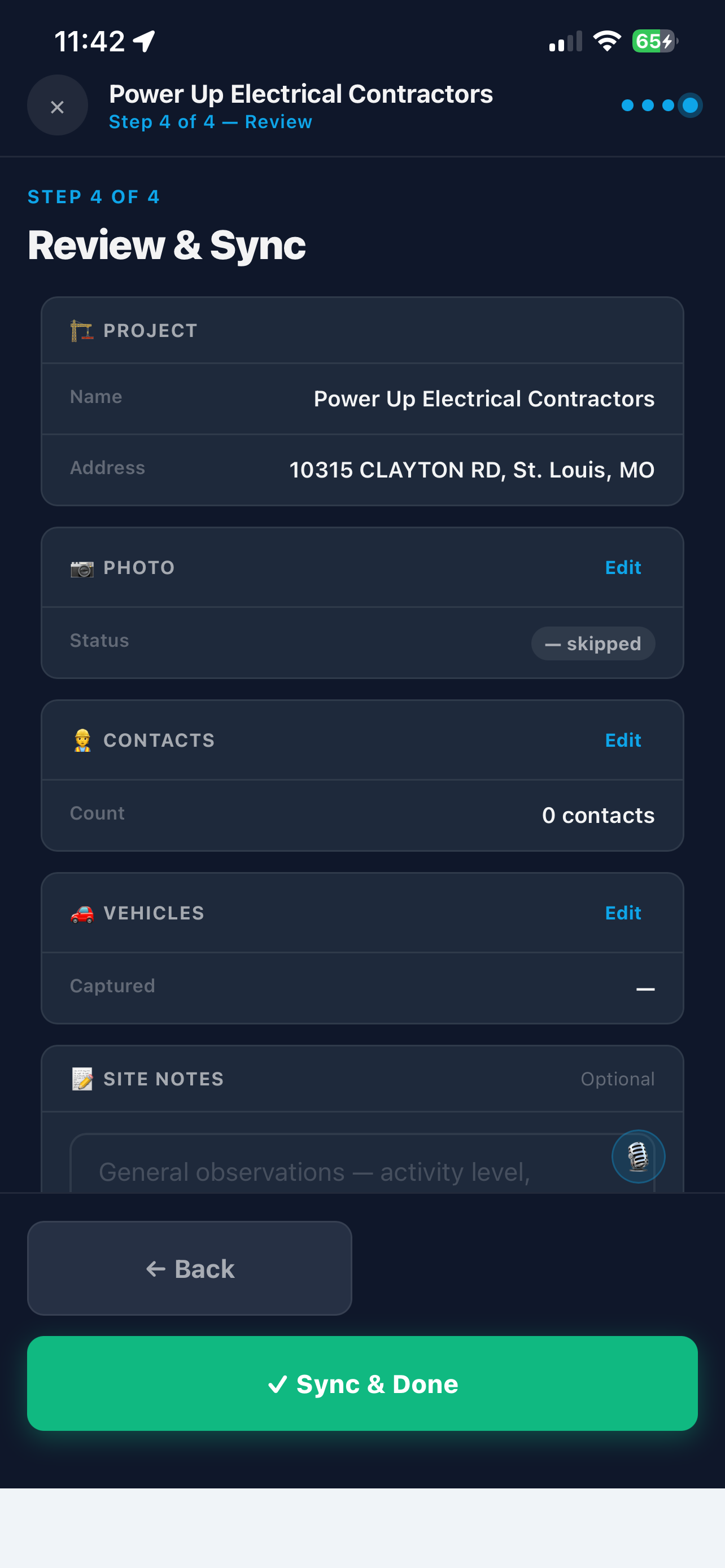 Review and Sync screen