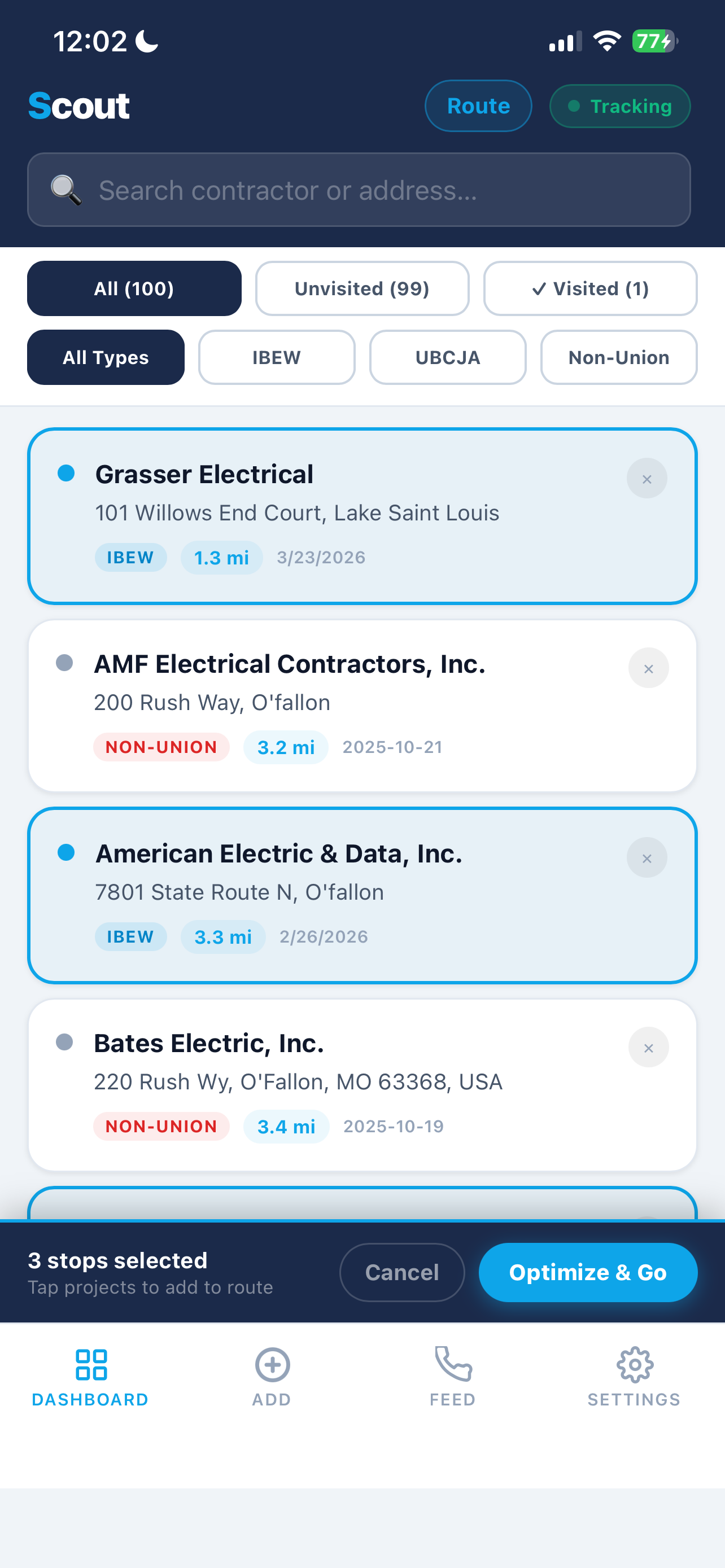 Route planning mode with 3 stops selected
